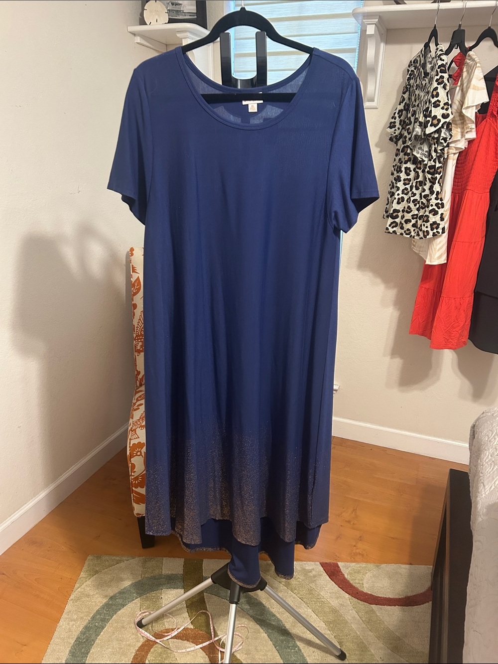 LuLaRoe Elegant Carly Navy High-Low Short Sleeve Dress with rose  Gold Ombre Hem